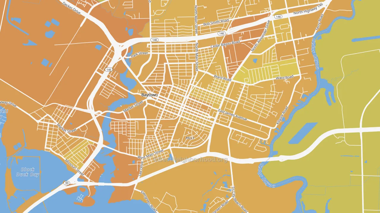 Map of the best neighborhoods in the Goose Creek, Baytown area, with better matches in green and worse matches in red