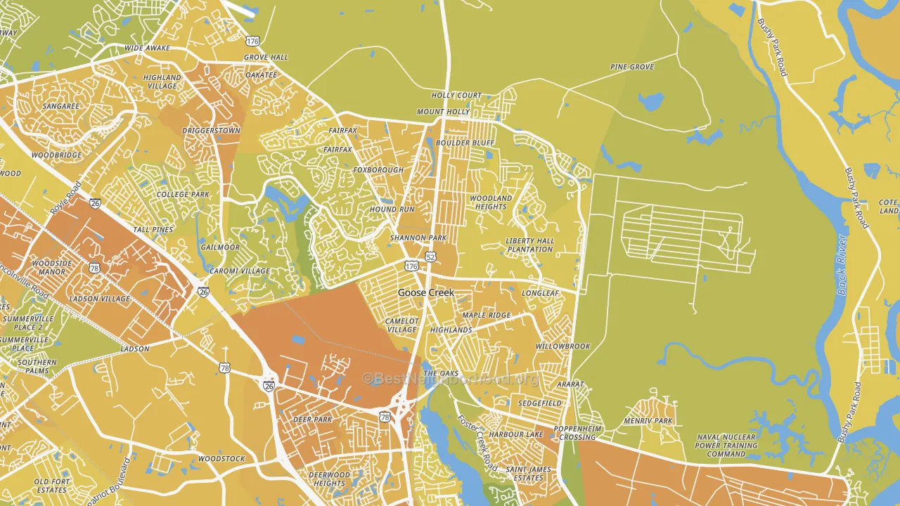 Map of the best neighborhoods in the Goose Creek area, with better matches in green and worse matches in red