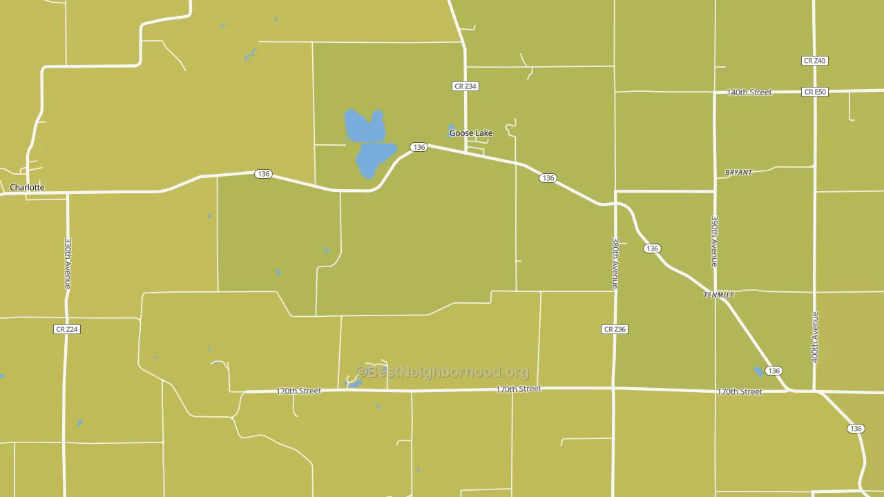 Map of the best neighborhoods in the Goose Lake area, with better matches in green and worse matches in red