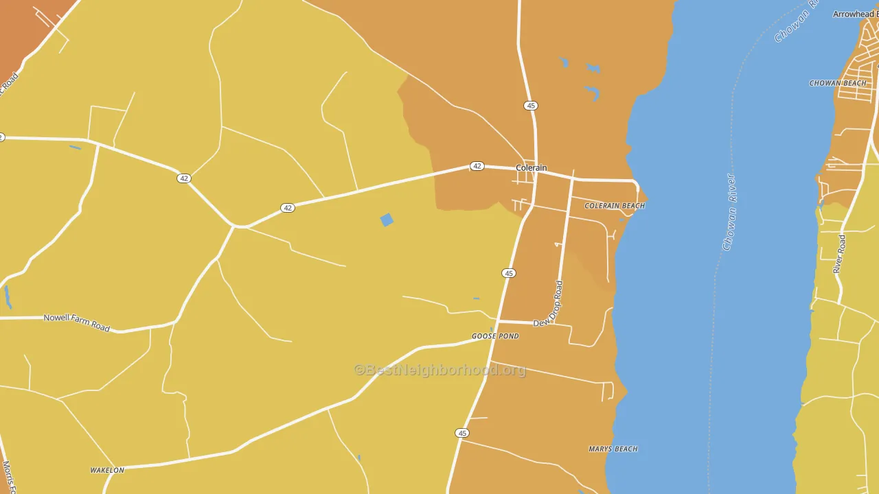 Map of the best neighborhoods in the Goose Pond area, with better matches in green and worse matches in red