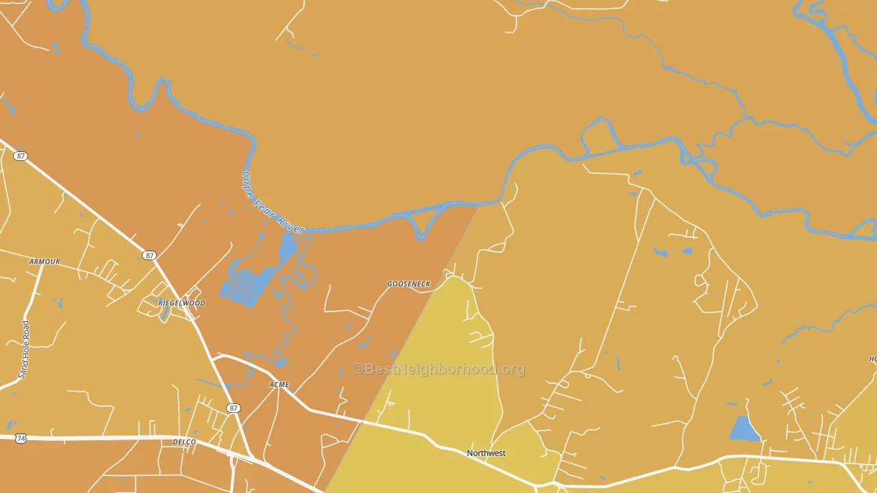 Map of the best neighborhoods in the Gooseneck area, with better matches in green and worse matches in red