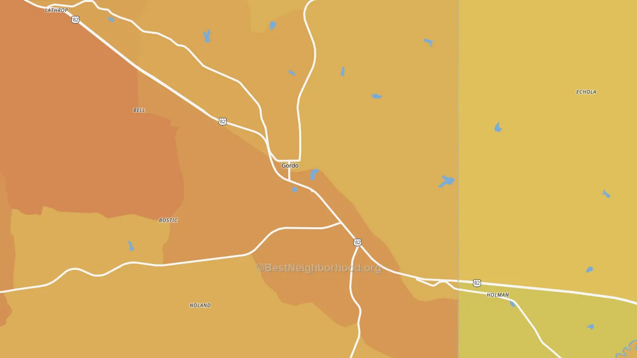 Map of the best neighborhoods in the Gordo area, with better matches in green and worse matches in red