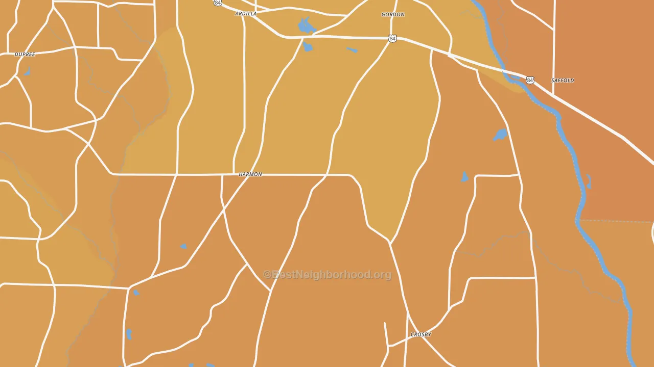 Map of the best neighborhoods in the Gordon area, with better matches in green and worse matches in red