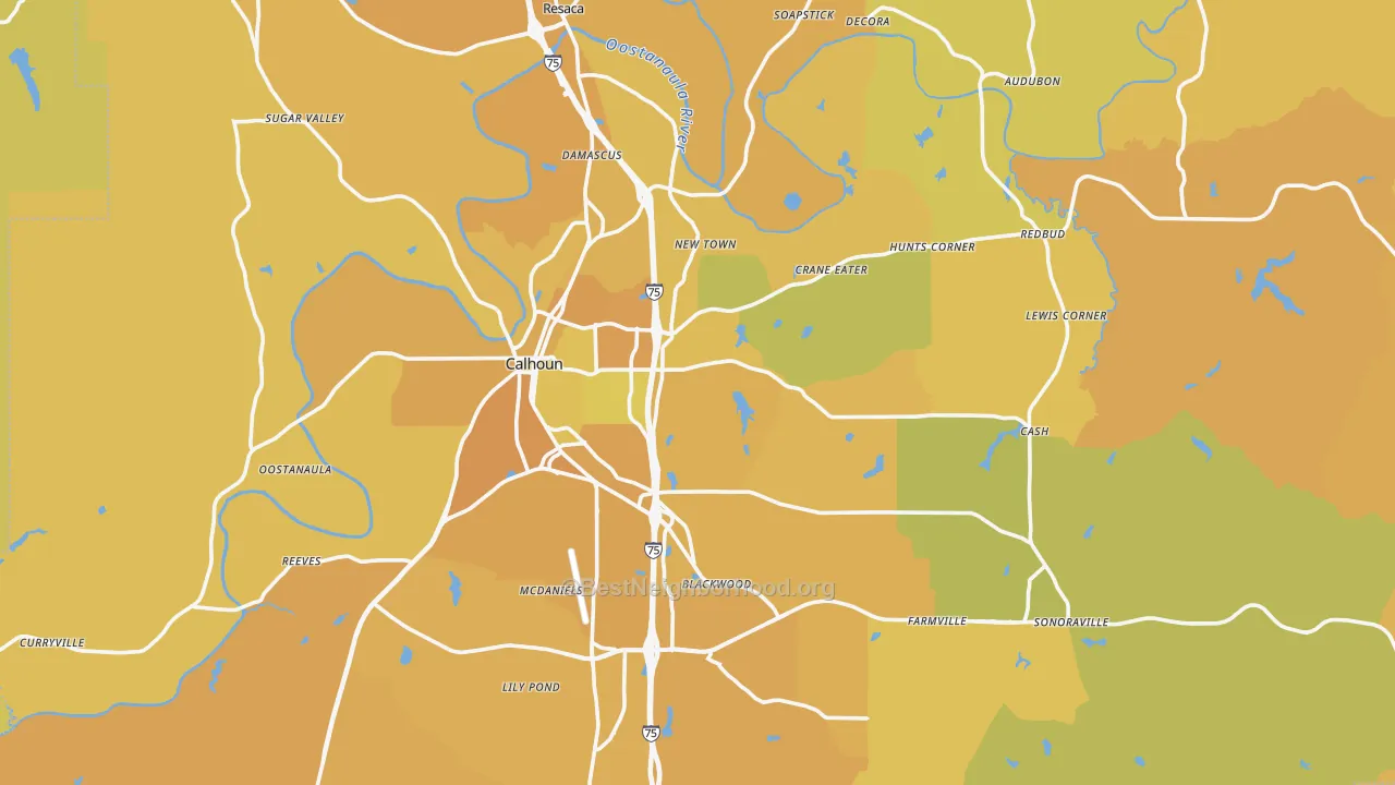 Map of the best neighborhoods in the Gordon County area, with better matches in green and worse matches in red
