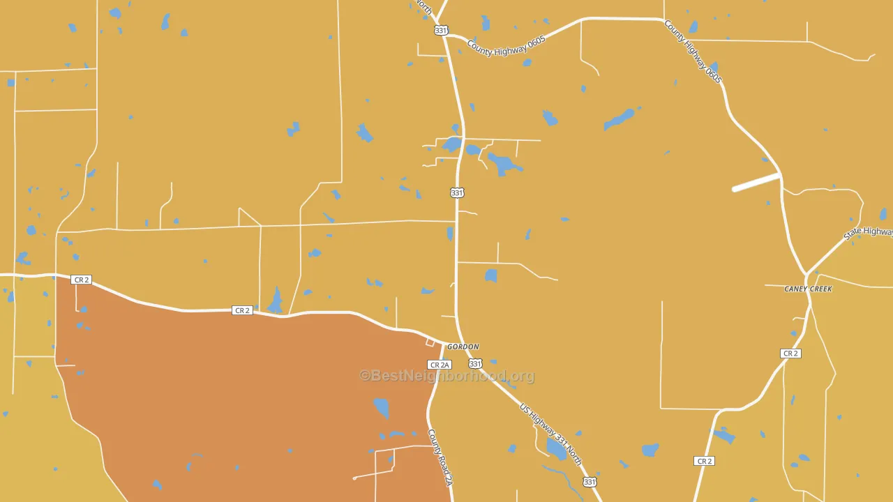 Map of the best neighborhoods in the Gordon area, with better matches in green and worse matches in red
