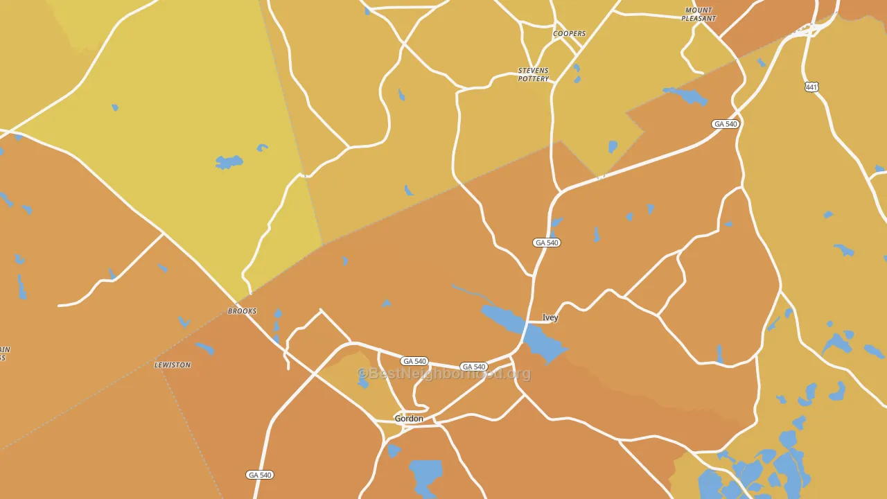 Map of the best neighborhoods in the Gordon area, with better matches in green and worse matches in red