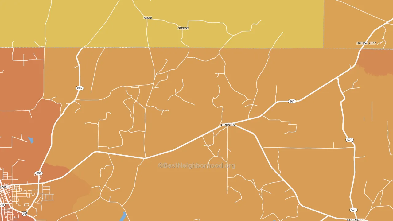 Map of the best neighborhoods in the Gordon area, with better matches in green and worse matches in red