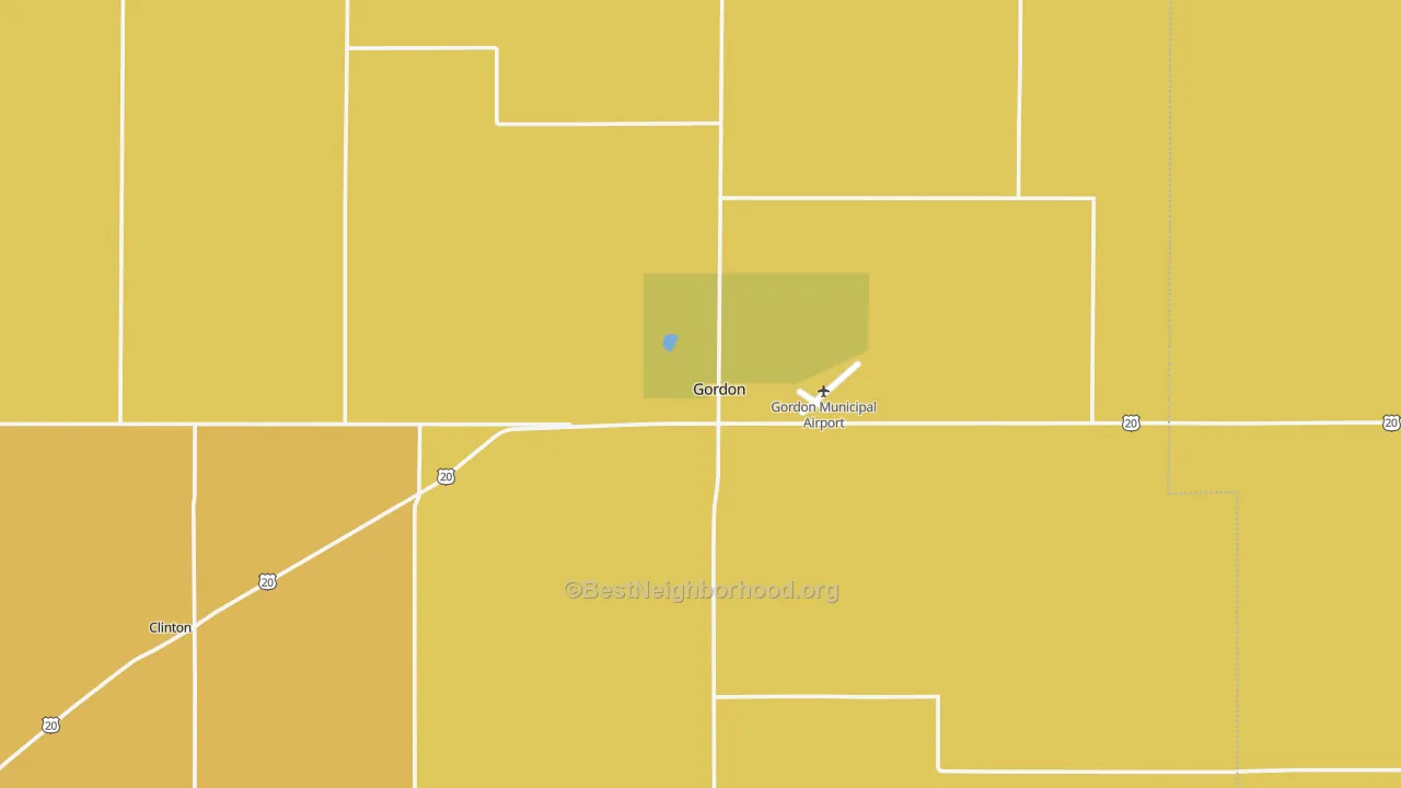 Map of the best neighborhoods in the Gordon area, with better matches in green and worse matches in red
