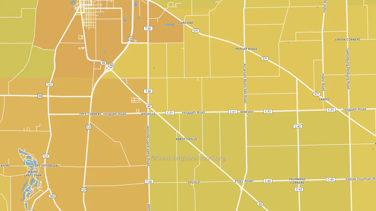 Map of the best neighborhoods in the Gordon area, with better matches in green and worse matches in red