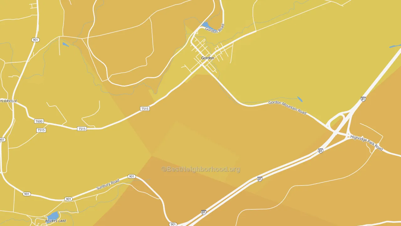 Map of the best neighborhoods in the Gordon area, with better matches in green and worse matches in red