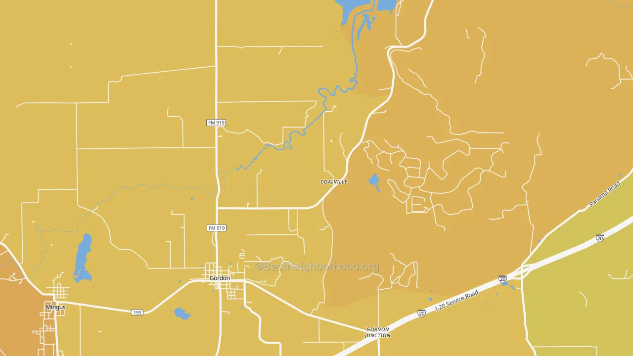 Map of the best neighborhoods in the Gordon area, with better matches in green and worse matches in red