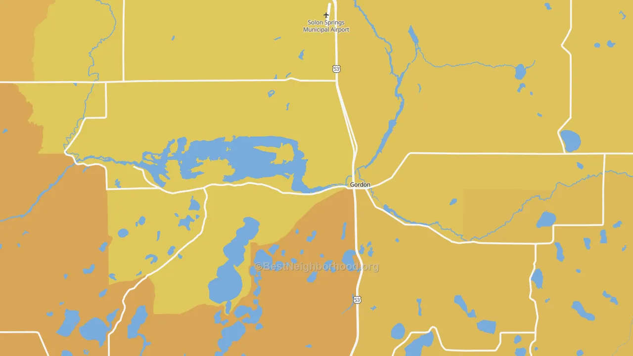 Map of the best neighborhoods in the Gordon area, with better matches in green and worse matches in red