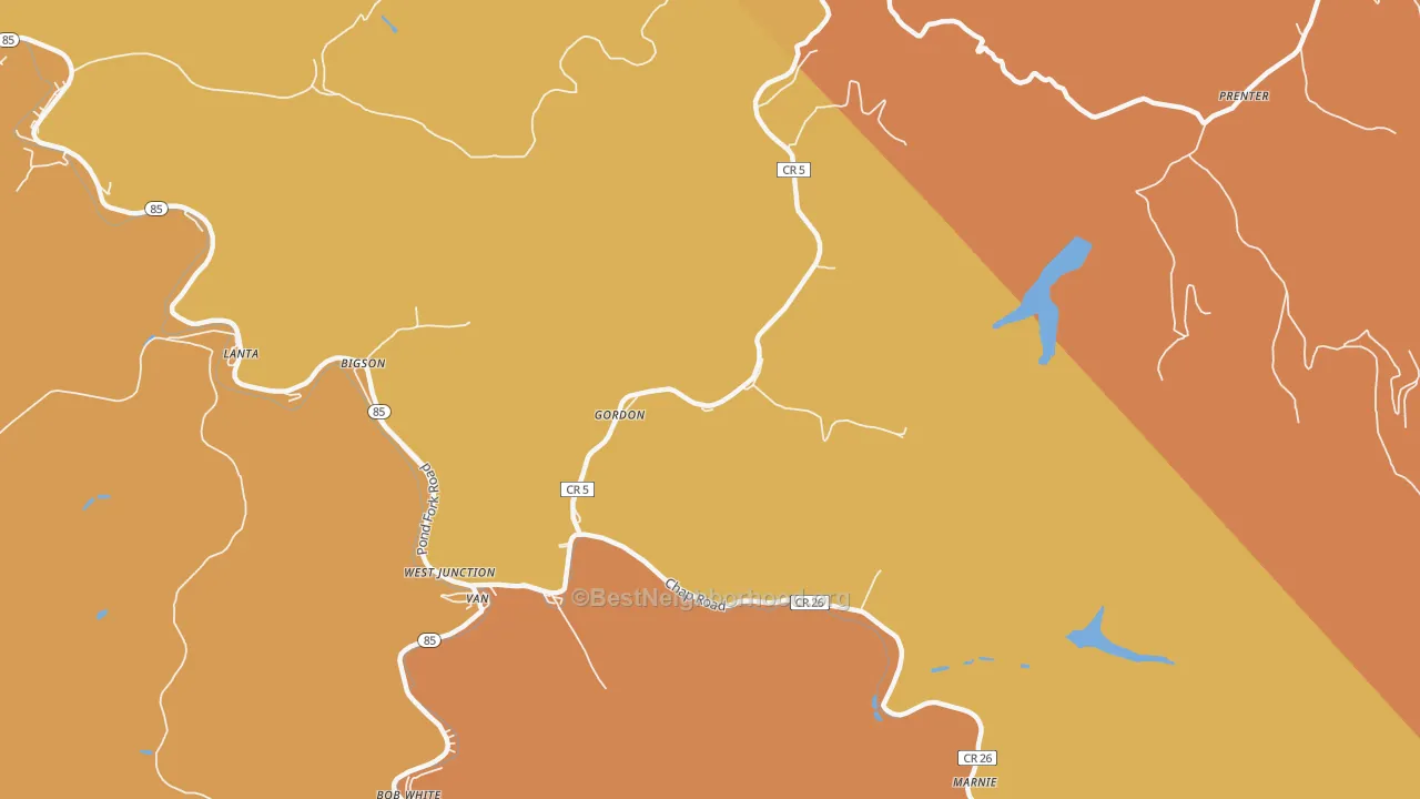 Map of the best neighborhoods in the Gordon area, with better matches in green and worse matches in red