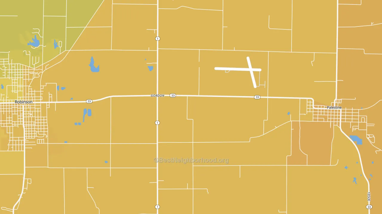 Map of the best neighborhoods in the Gordons area, with better matches in green and worse matches in red