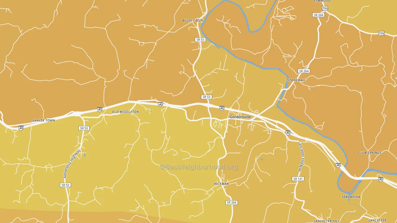 Map of the best neighborhoods in the Gordonsville area, with better matches in green and worse matches in red