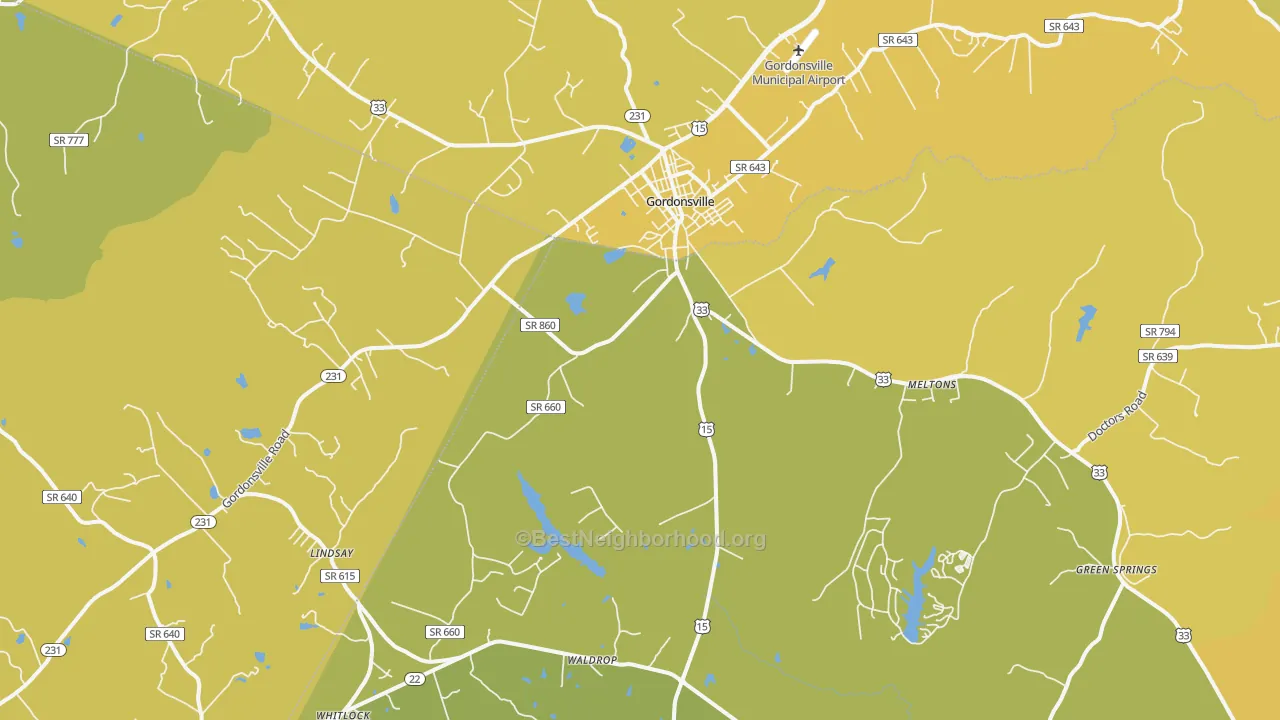 Map of the best neighborhoods in the Gordonsville area, with better matches in green and worse matches in red