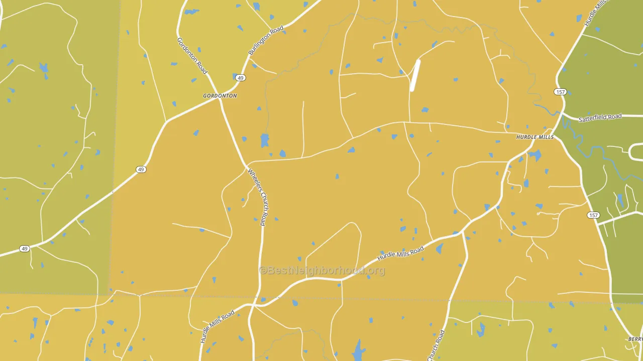 Map of the best neighborhoods in the Gordonton area, with better matches in green and worse matches in red