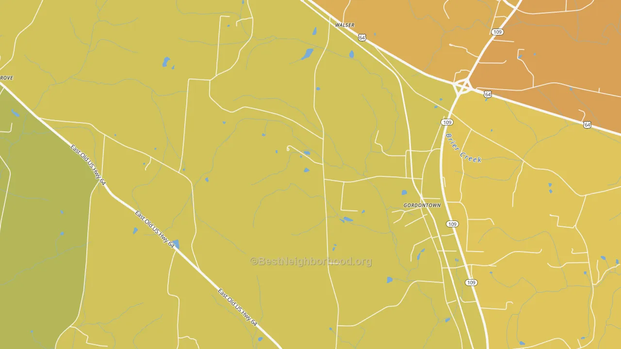 Map of the best neighborhoods in the Gordontown area, with better matches in green and worse matches in red