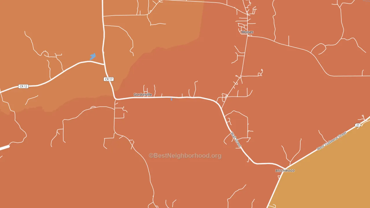 Map of the best neighborhoods in the Gordonville area, with better matches in green and worse matches in red