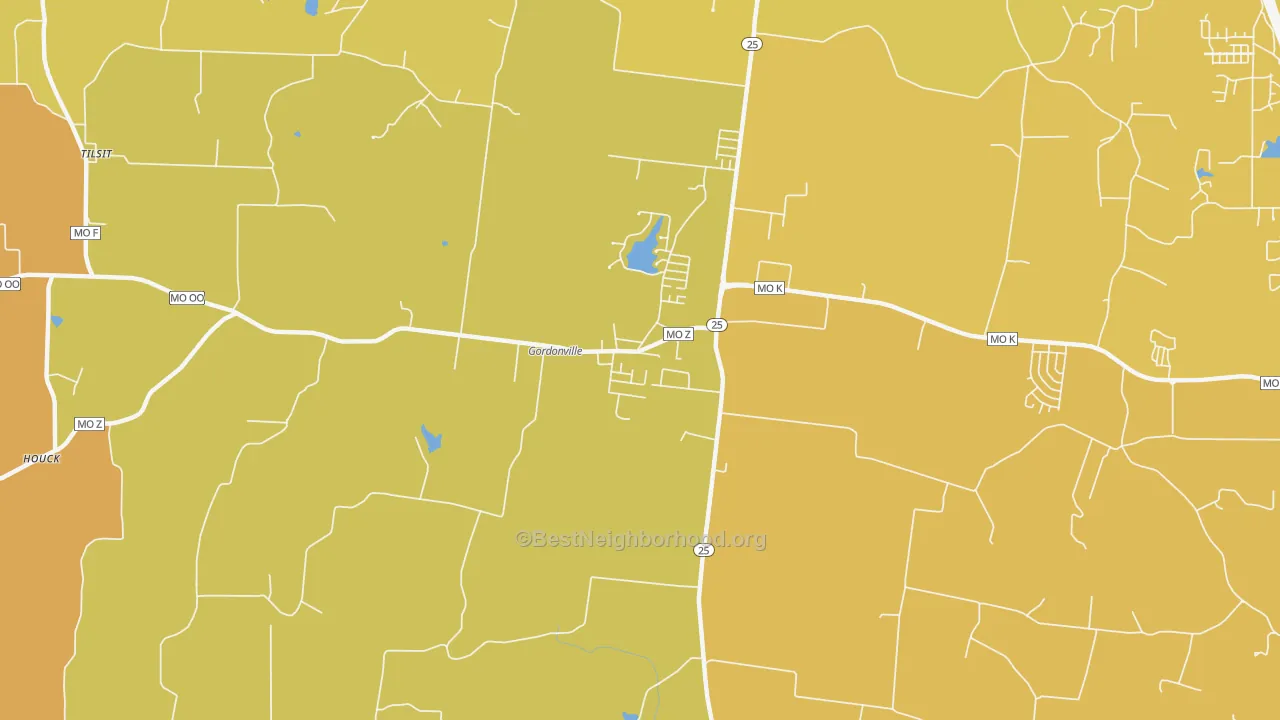 Map of the best neighborhoods in the Gordonville area, with better matches in green and worse matches in red