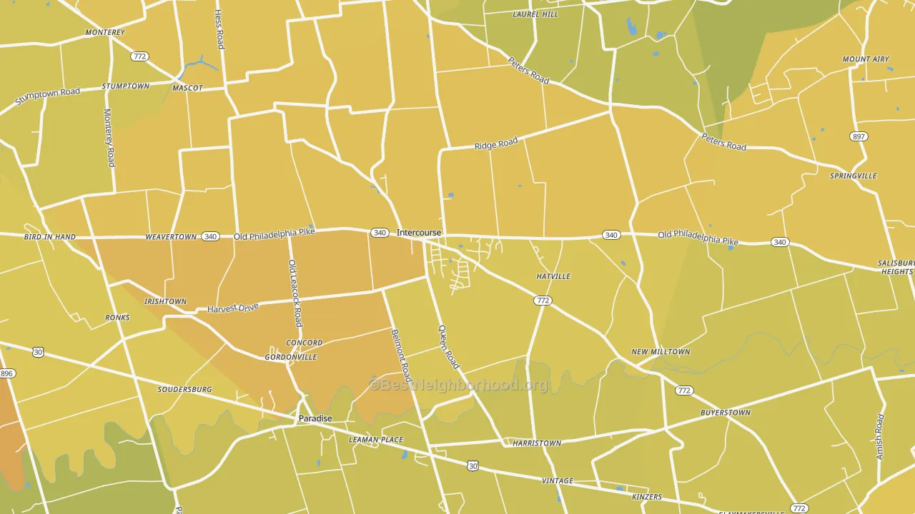 Map of the best neighborhoods in the Gordonville area, with better matches in green and worse matches in red