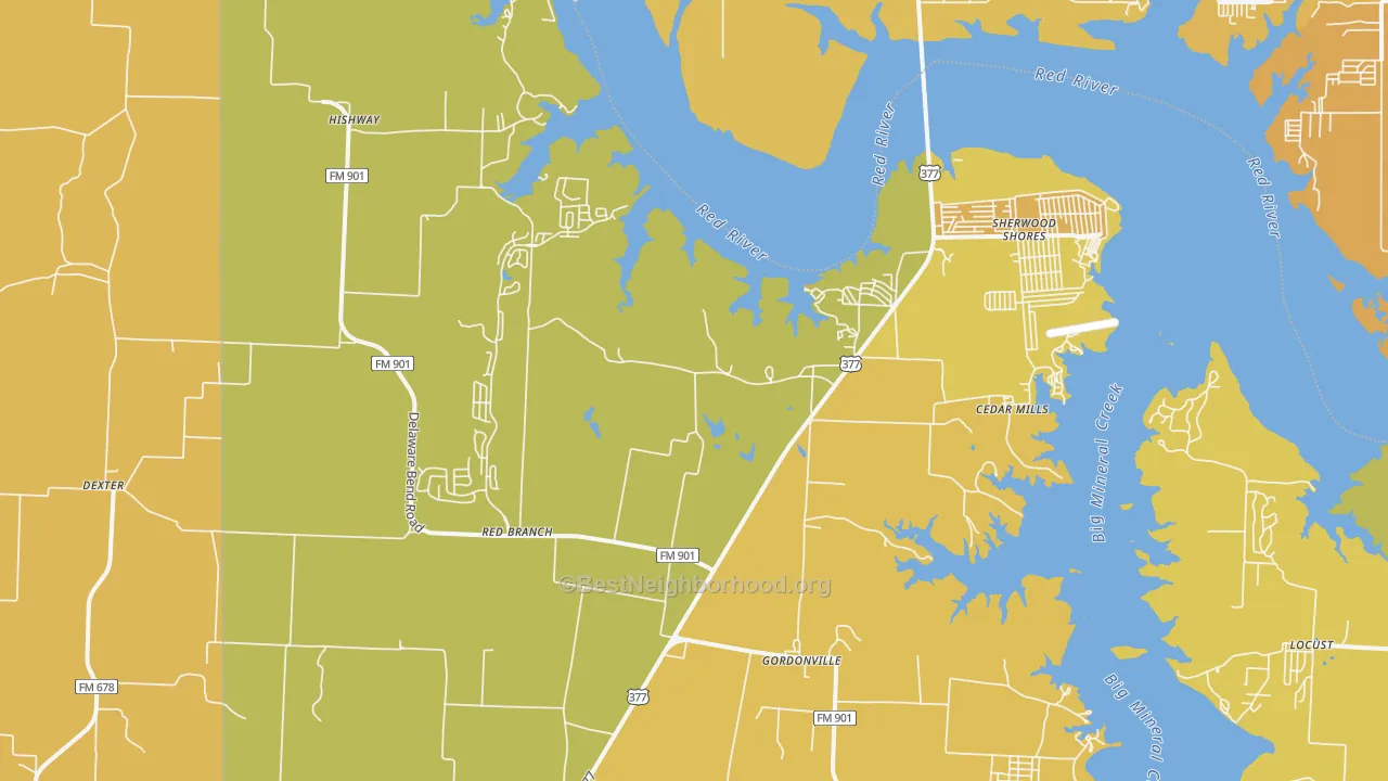 Map of the best neighborhoods in the Gordonville area, with better matches in green and worse matches in red