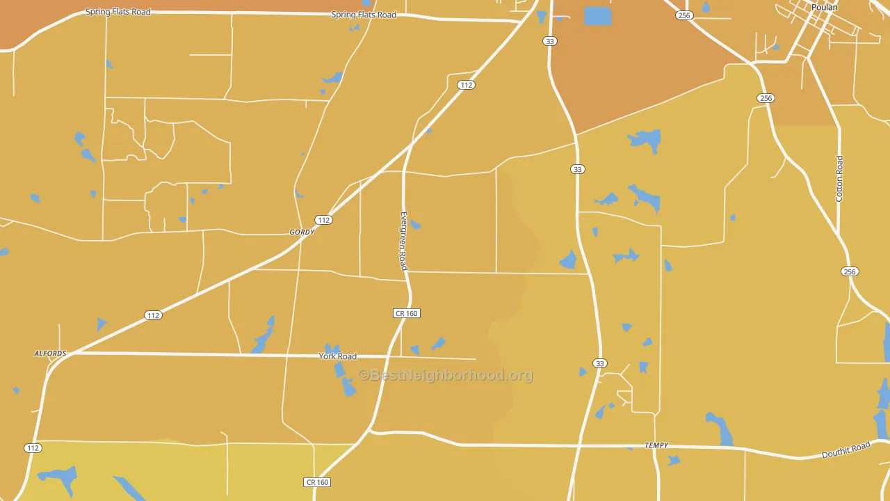 Map of the best neighborhoods in the Gordy area, with better matches in green and worse matches in red
