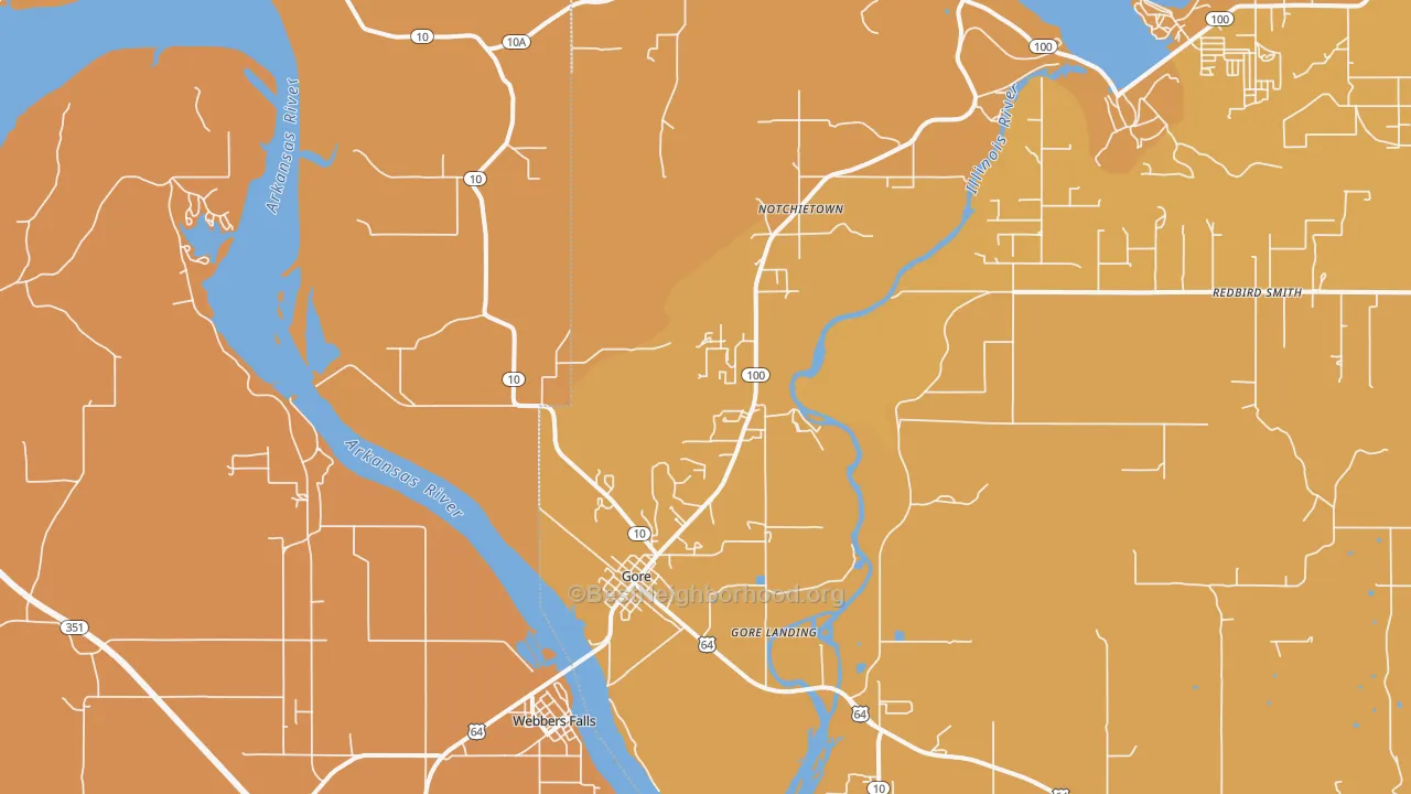 Map of the best neighborhoods in the Gore area, with better matches in green and worse matches in red