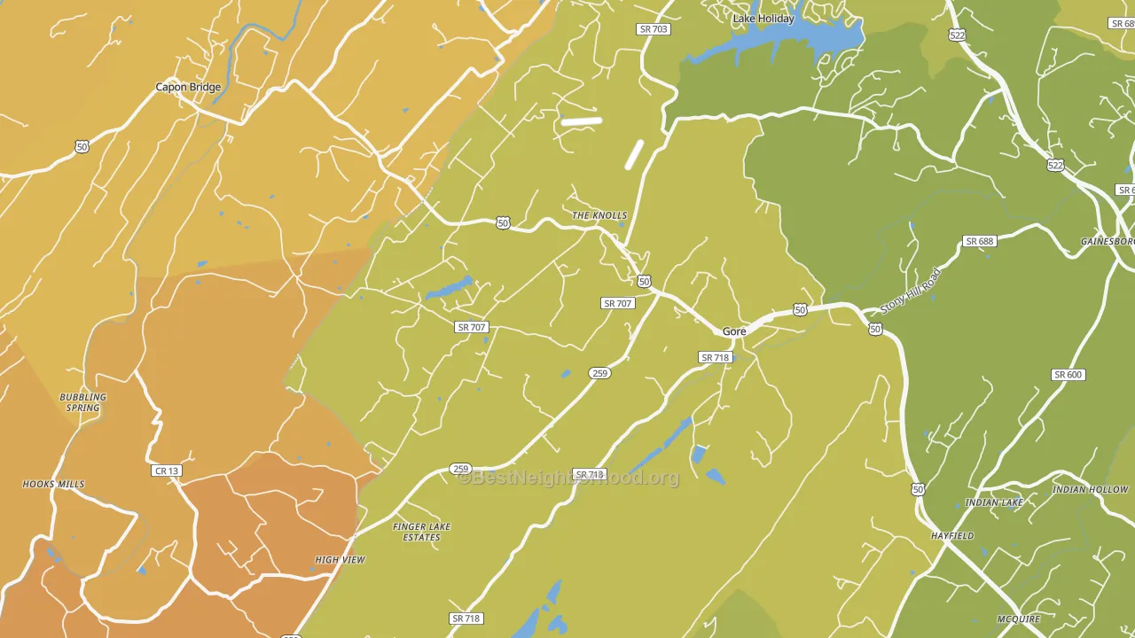 Map of the best neighborhoods in the Gore area, with better matches in green and worse matches in red