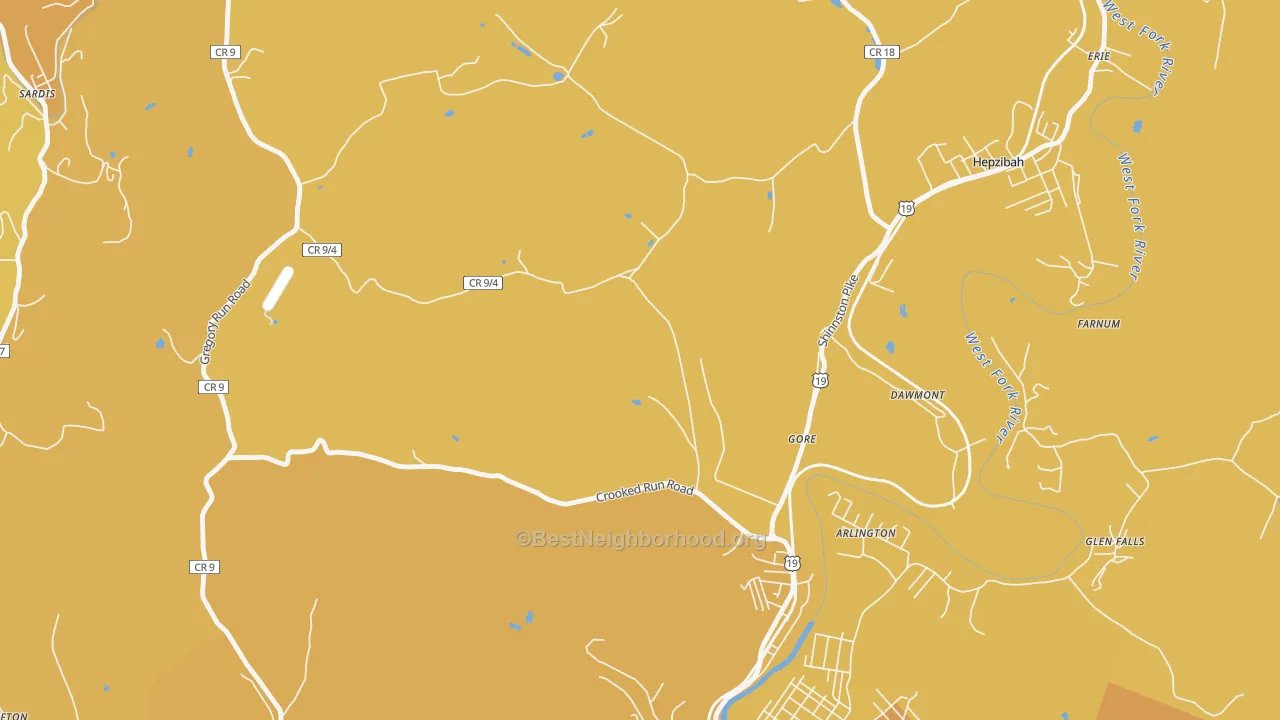 Map of the best neighborhoods in the Gore area, with better matches in green and worse matches in red