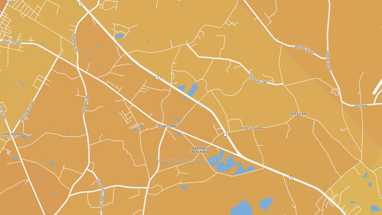 Map of the best neighborhoods in the Goretown area, with better matches in green and worse matches in red