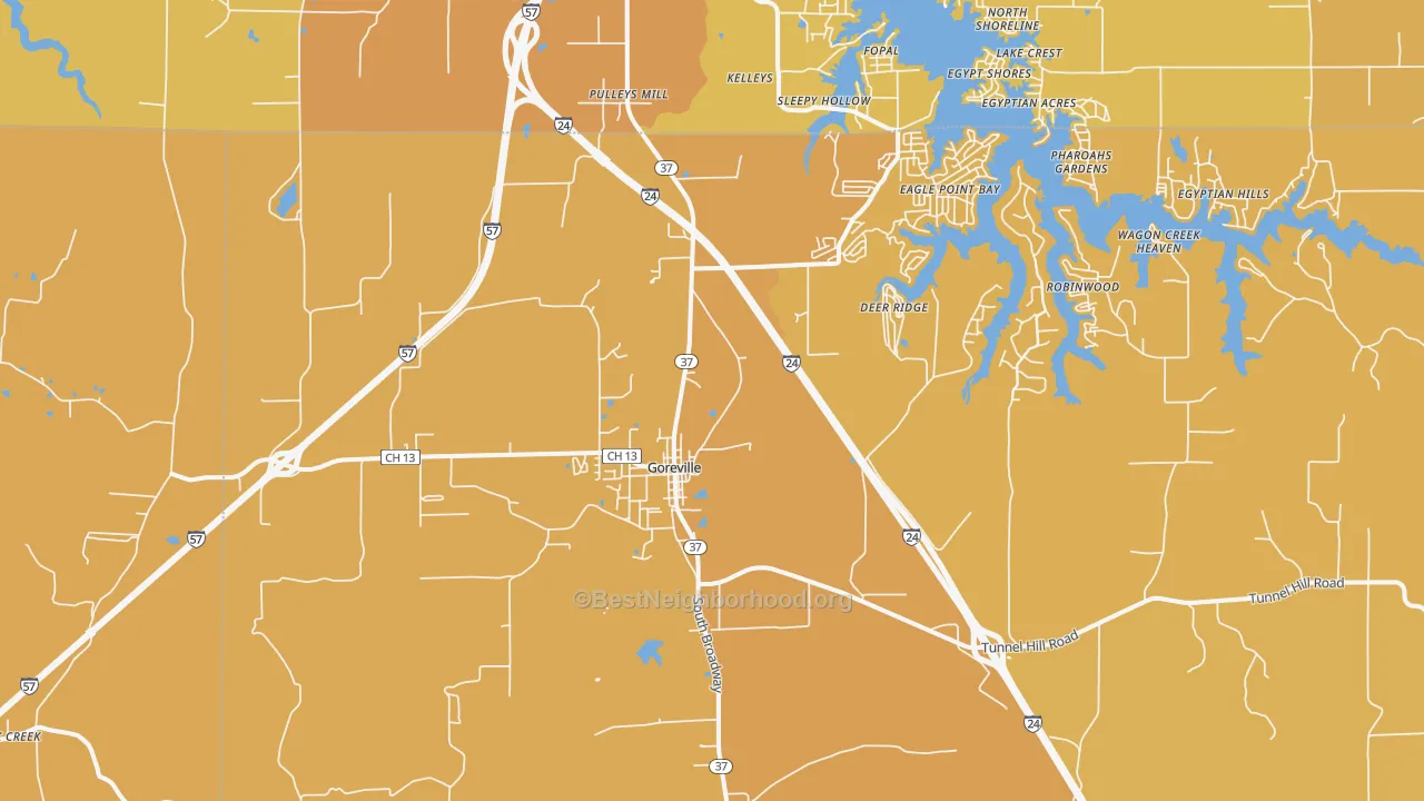 Map of the best neighborhoods in the Goreville area, with better matches in green and worse matches in red