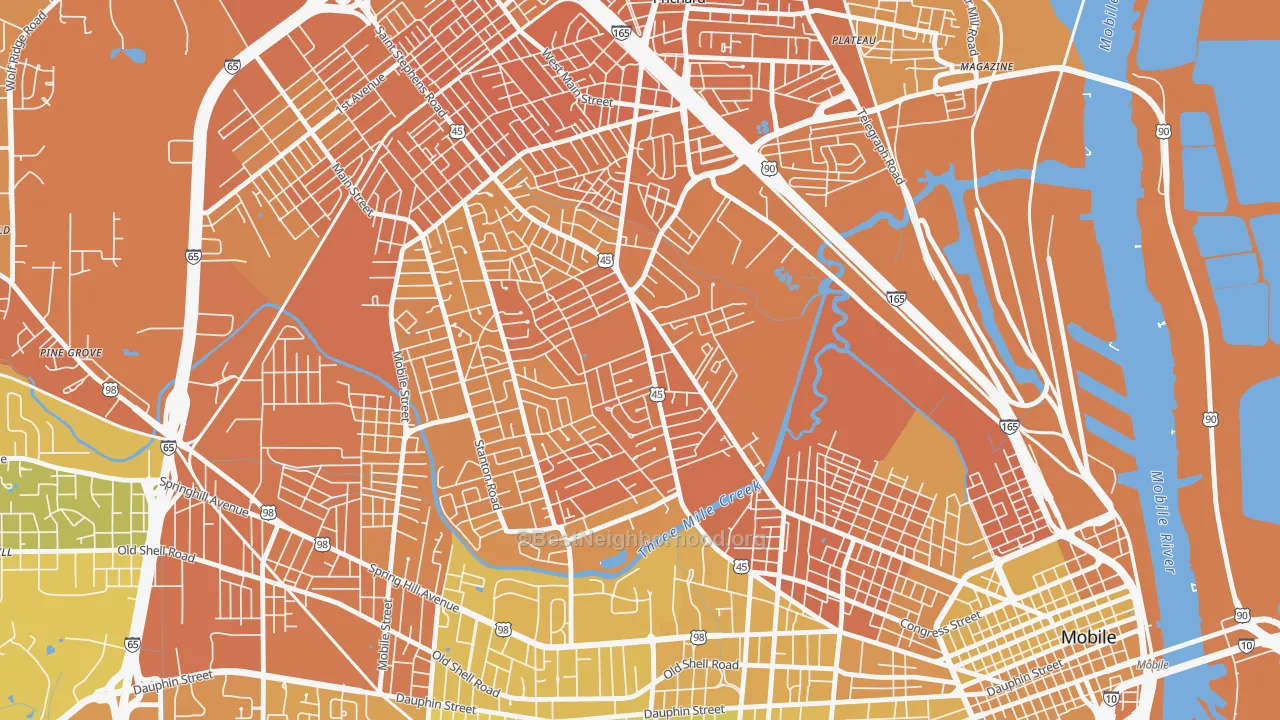 Map of the best neighborhoods in the Gorgas, Mobile area, with better matches in green and worse matches in red