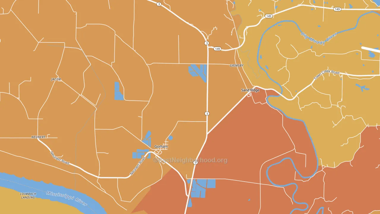 Map of the best neighborhoods in the Gorham area, with better matches in green and worse matches in red