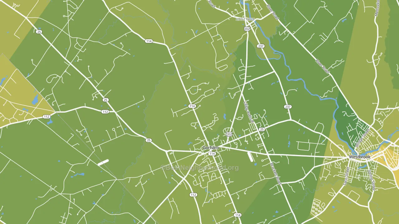 Map of the best neighborhoods in the Gorham area, with better matches in green and worse matches in red