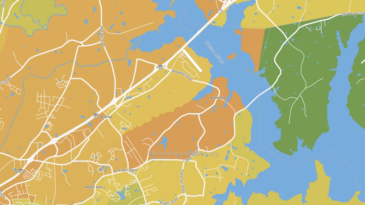 Map of the best neighborhoods in the Gorman area, with better matches in green and worse matches in red