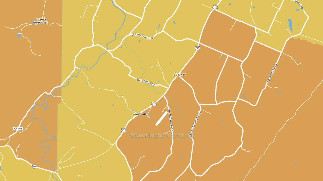 Map of the best neighborhoods in the Gortner area, with better matches in green and worse matches in red
