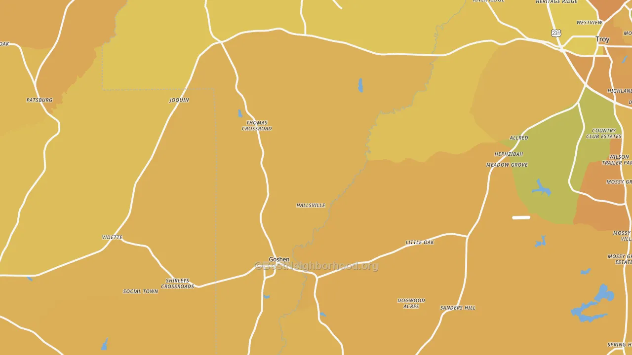 Map of the best neighborhoods in the Goshen area, with better matches in green and worse matches in red