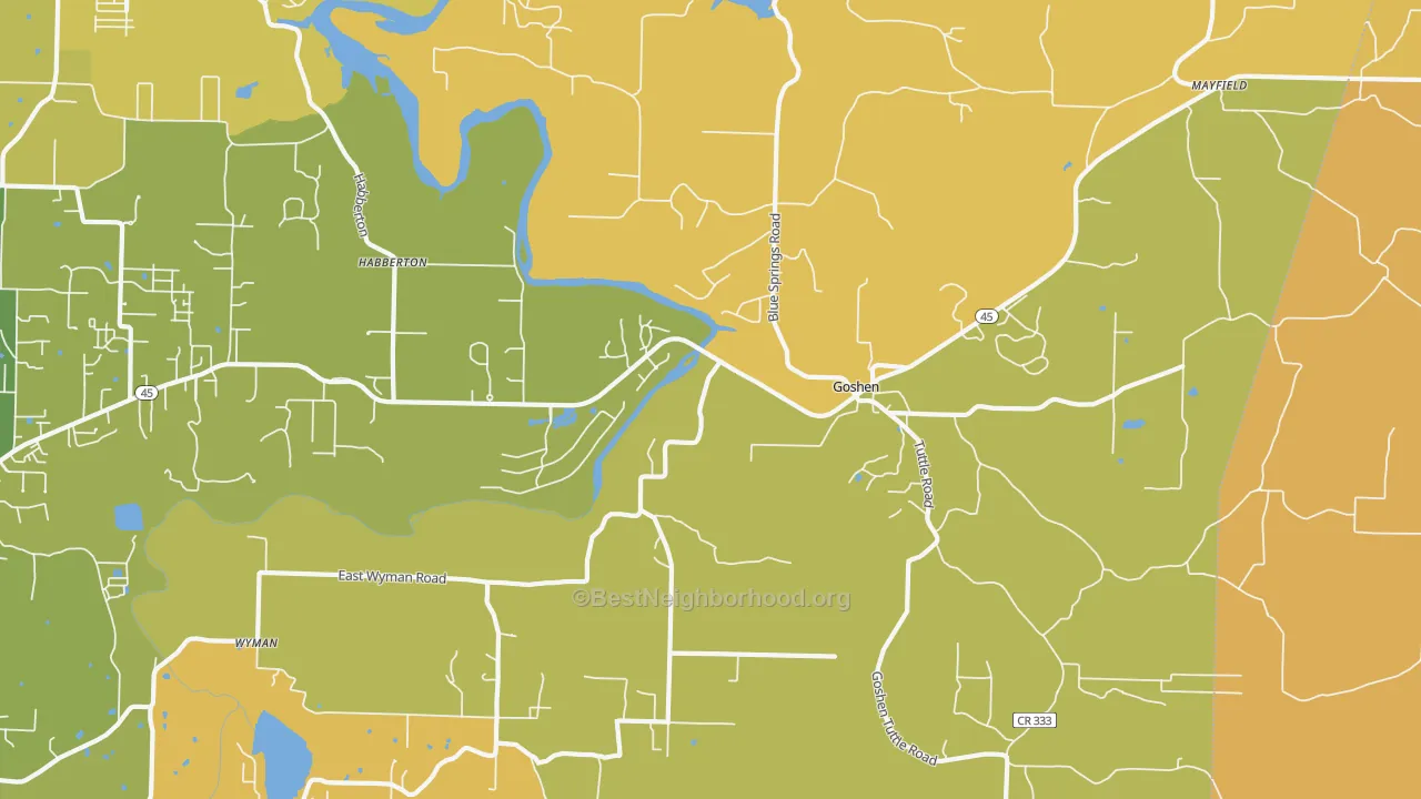 Map of the best neighborhoods in the Goshen area, with better matches in green and worse matches in red