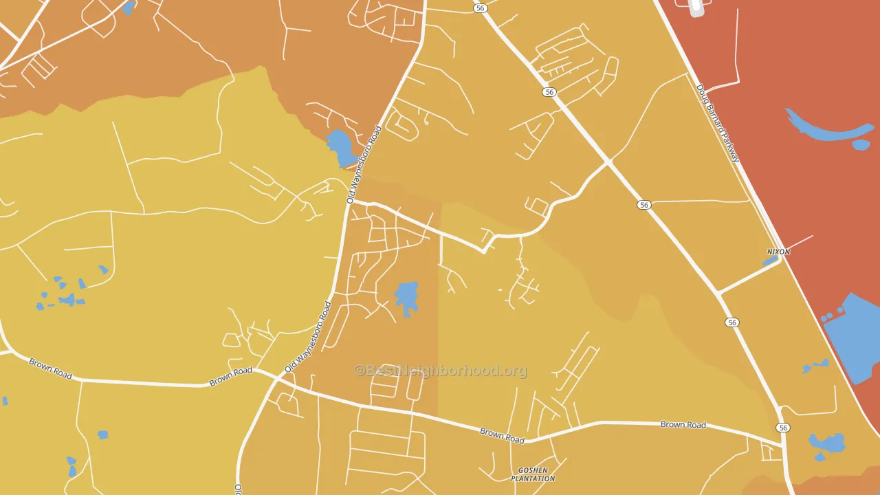 Map of the best neighborhoods in the Goshen, Augusta area, with better matches in green and worse matches in red