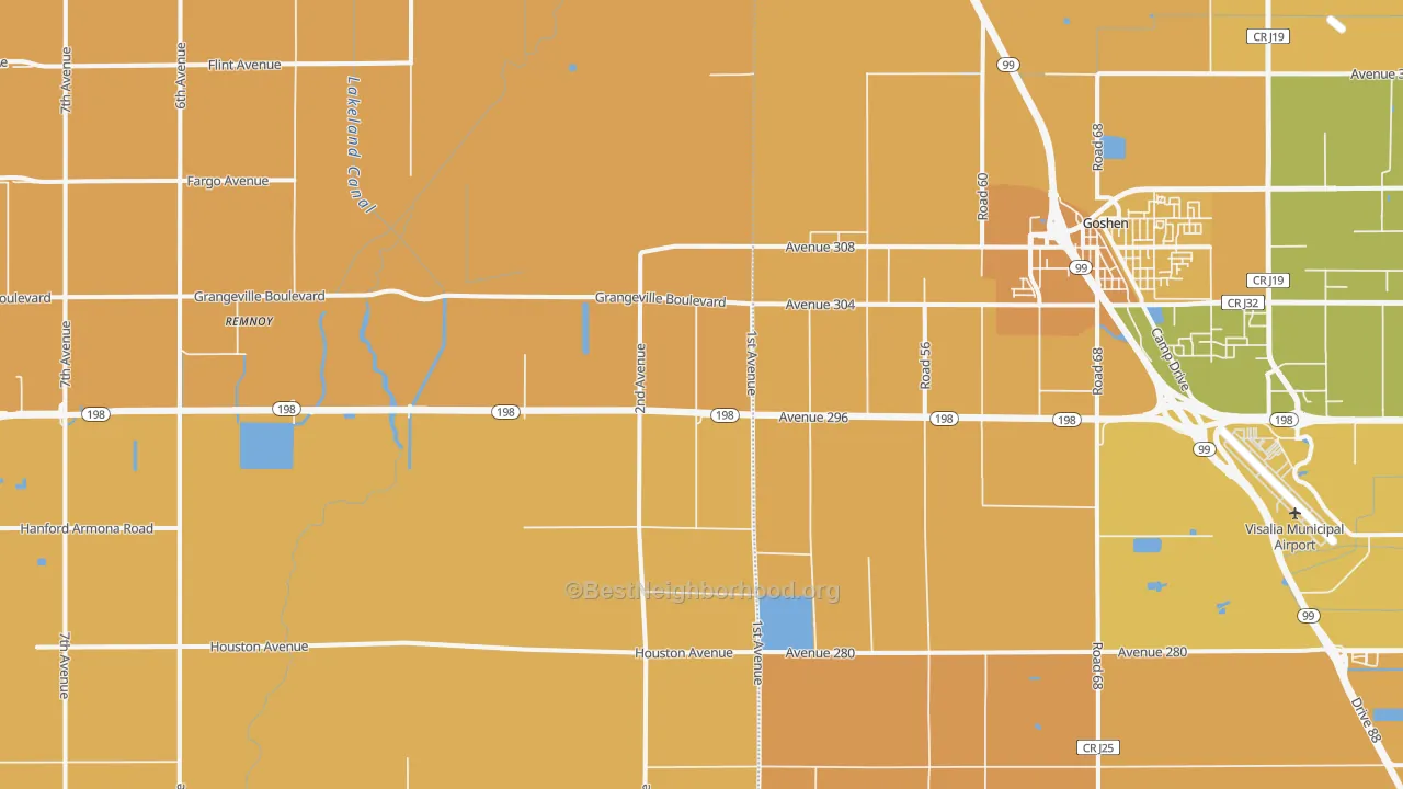 Map of the best neighborhoods in the Goshen area, with better matches in green and worse matches in red