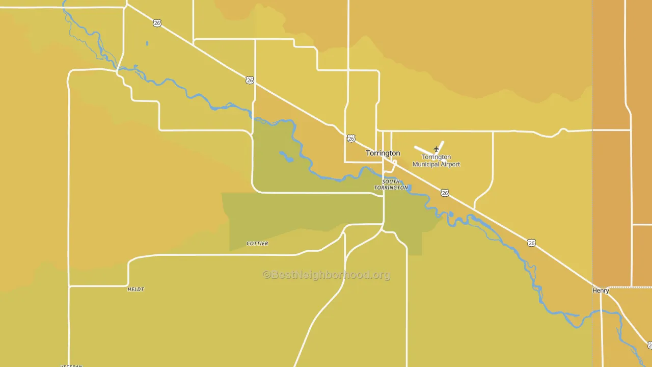 Map of the best neighborhoods in the Goshen County area, with better matches in green and worse matches in red