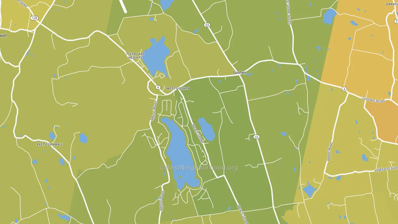 Map of the best neighborhoods in the Goshen area, with better matches in green and worse matches in red