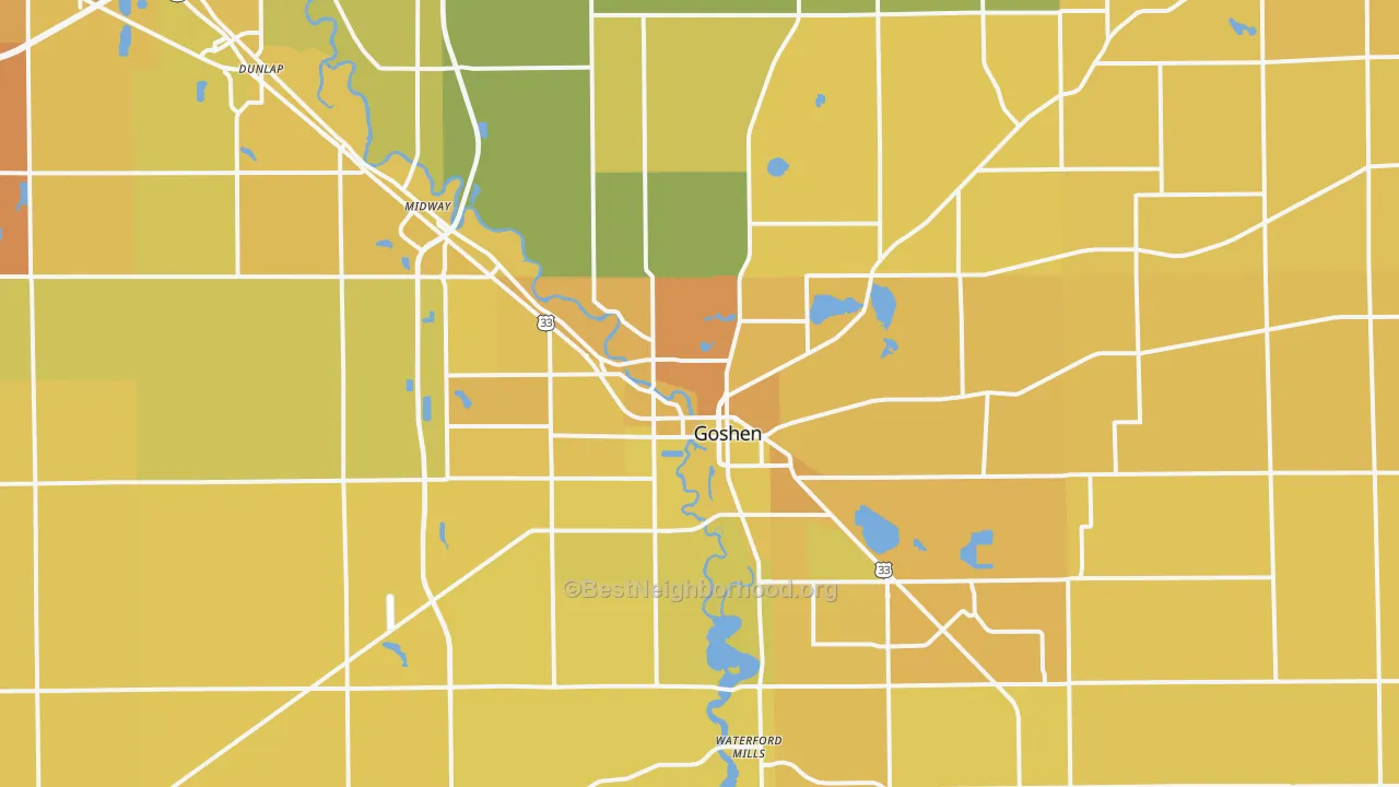 Map of the best neighborhoods in the Goshen area, with better matches in green and worse matches in red