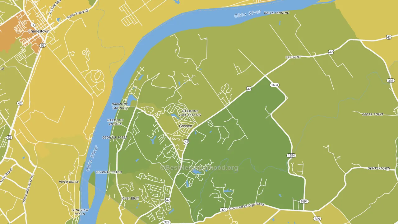 Map of the best neighborhoods in the Goshen area, with better matches in green and worse matches in red