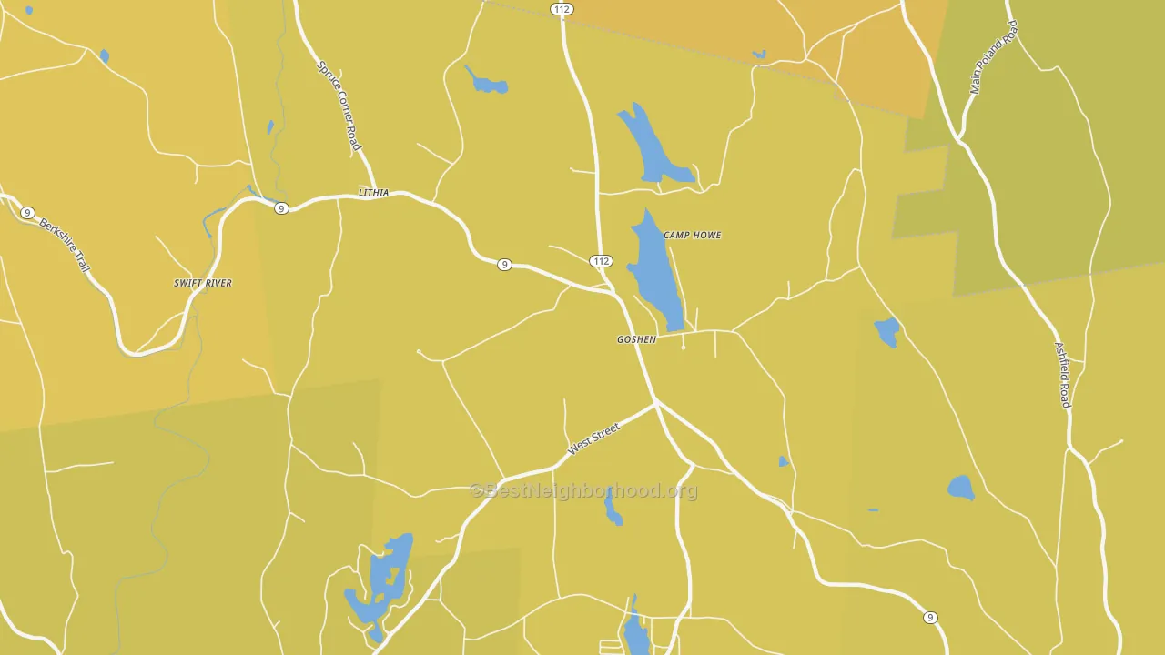 Map of the best neighborhoods in the Goshen area, with better matches in green and worse matches in red