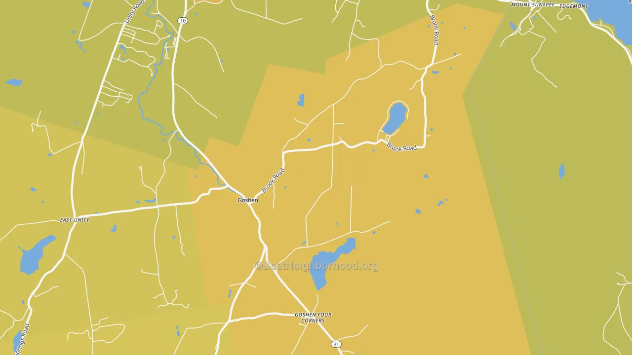 Map of the best neighborhoods in the Goshen area, with better matches in green and worse matches in red