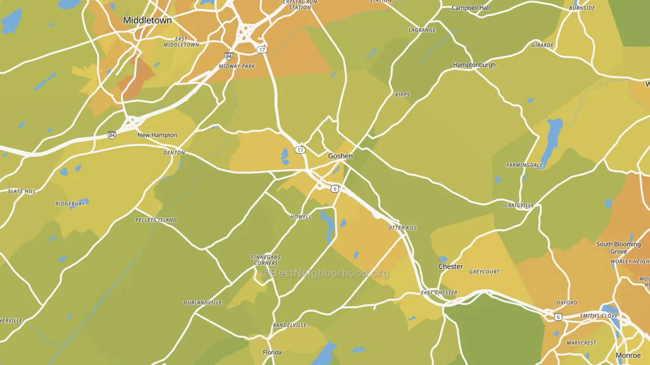 Map of the best neighborhoods in the Goshen area, with better matches in green and worse matches in red