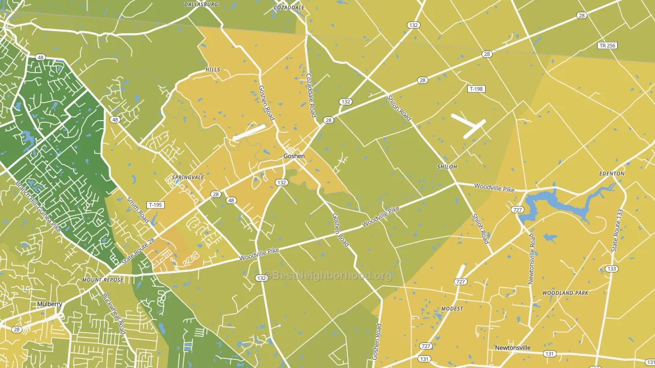 Map of the best neighborhoods in the Goshen area, with better matches in green and worse matches in red
