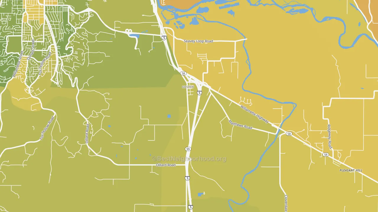 Map of the best neighborhoods in the Goshen area, with better matches in green and worse matches in red